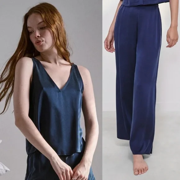 Lunya Washable Silk V Neck Pajama Pant Set Deep Blue - Picture 2 of 9